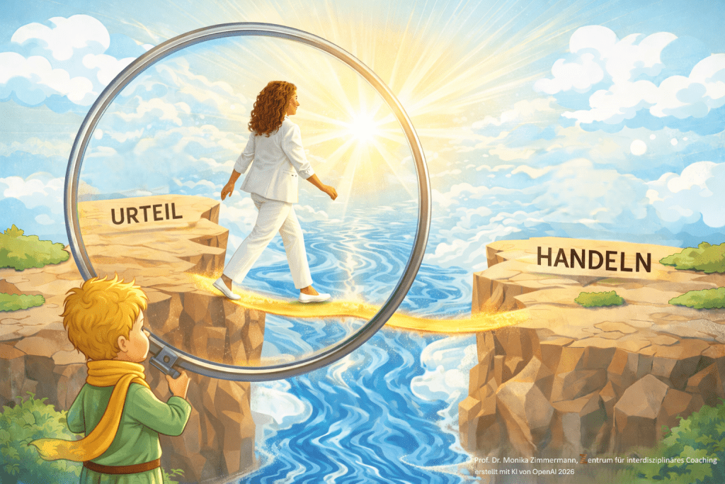 Eine illustrierte Szene zum Urteils-Handlungs-Hiatus. Sie zeigt eine Person in heller Kleidung, die über einen schmalen, leuchtenden Steg eine Schlucht überquert. Links und rechts befinden sich Felsplateaus mit den Aufschriften „URTEIL“ (links) und „HANDELN“ (rechts). Unter dem Steg fließt ein hellblauer Fluss durch die Schlucht. Im Vordergrund hält eine kleinere Person eine große Lupe, durch die die gehende Figur vergrößert sichtbar ist. Im Hintergrund strahlt eine helle Sonne am Himmel mit weichen Wolken. Die Farben sind freundlich und pastellartig, mit warmem Licht, das die Szene durchzieht.