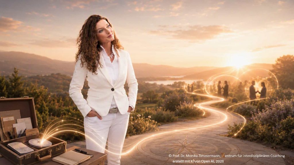 **Alternativtext:** Moni steht in weißem Business-Outfit vor einer weiten Landschaft im warmen Abendlicht. Neben ihr liegt ein geöffneter Methodenkoffer mit Karten, Notizen und Coachingmaterialien. Leuchtende Linien führen vom Koffer über einen in den Boden eingelassenen Kompass entlang eines Weges zu mehreren Menschen im Gespräch. Das Bild symbolisiert die Entwicklung vom Einsatz einzelner Methoden hin zu einer reflektierten, beziehungsorientierten Coachinghaltung.