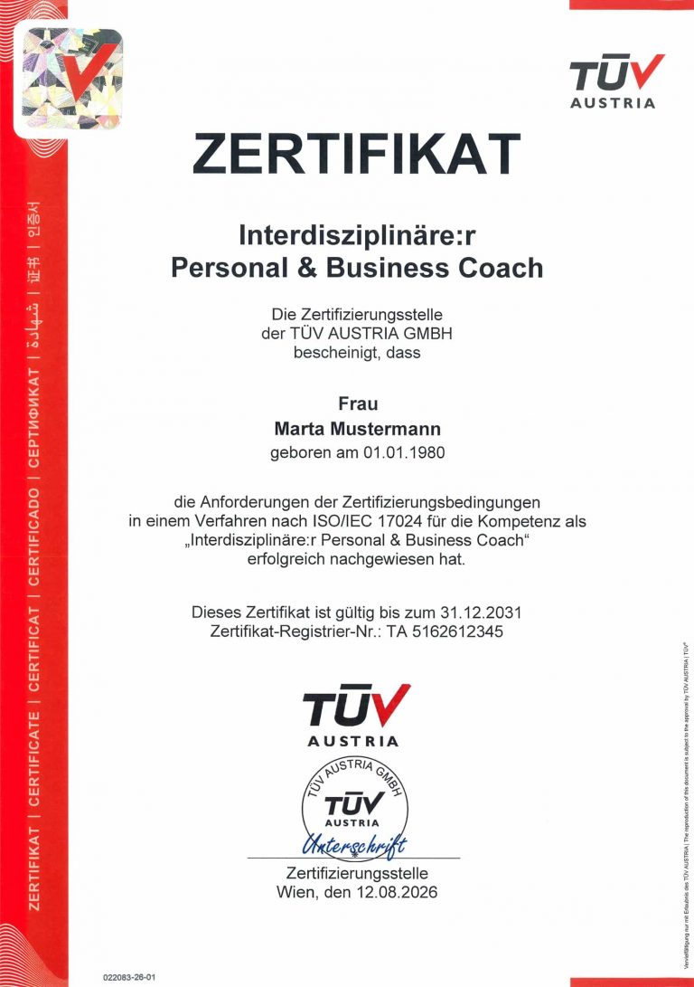 TÜV AUSTRIA Zertifikat ISO 17024 Muster