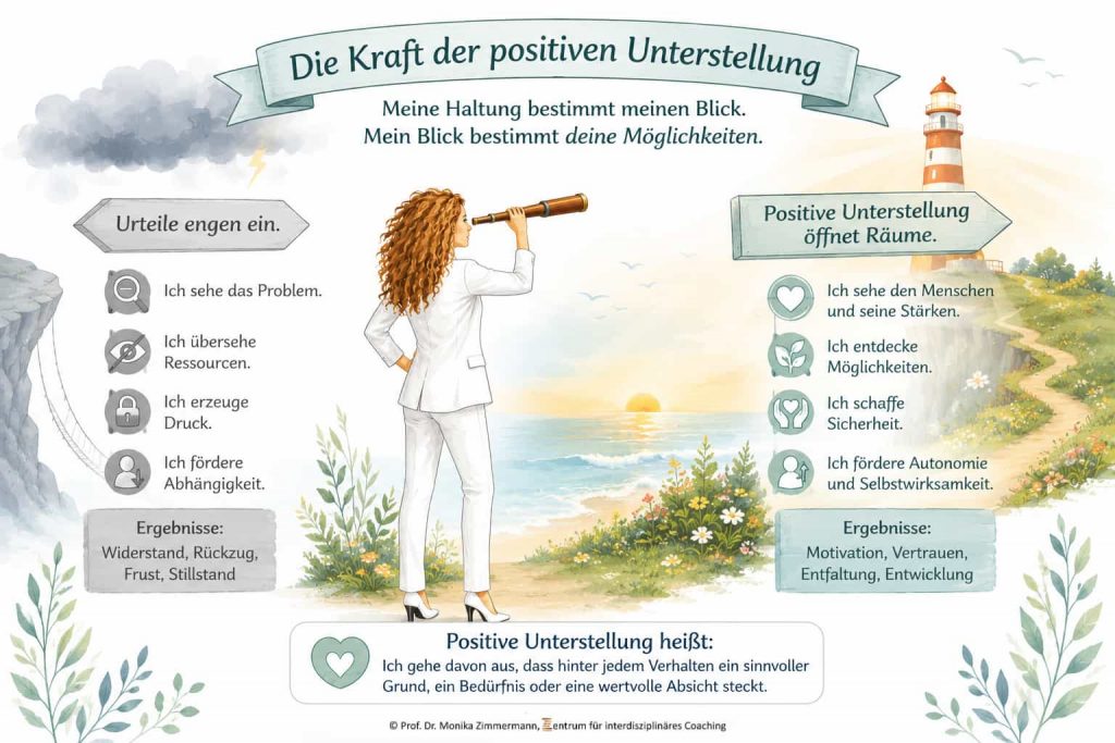 Infografik mit dem Titel **„Die Kraft der positiven Unterstellung“**. In der Mitte blickt eine Frau mit einem Fernrohr nach rechts in eine helle Landschaft mit Meer, Blumenweg und Leuchtturm. Links symbolisieren graue Wolken und ein Abgrund eine problemorientierte Haltung: Urteile engen ein, Ressourcen werden übersehen, Druck und Abhängigkeit entstehen – mögliche Folgen sind Widerstand, Rückzug, Frust und Stillstand. Rechts steht die positive Unterstellung für einen ressourcenorientierten Blick auf Menschen, Stärken und Möglichkeiten sowie für Sicherheit, Autonomie und Selbstwirksamkeit – mit Motivation, Vertrauen, Entfaltung und Entwicklung als möglichen Ergebnissen. Kernaussage: Positive Unterstellung bedeutet, hinter jedem Verhalten einen sinnvollen Grund, ein Bedürfnis oder eine wertvolle Absicht anzunehmen. Leitgedanke: „Meine Haltung bestimmt meinen Blick. Mein Blick bestimmt deine Möglichkeiten.“